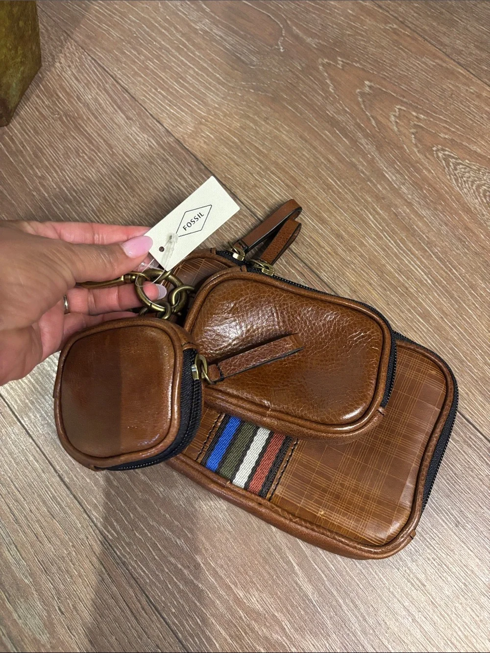 Fossil Brown Leather triple pouch set Organizer with Striped Accent